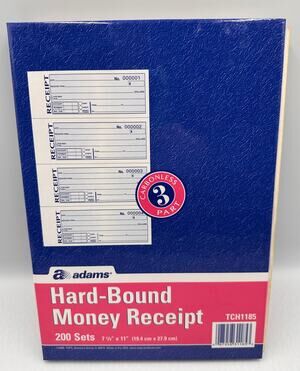 Adams Hard-Bound Money Receipt Book, 3-Part Carbonless 200 Sets Book